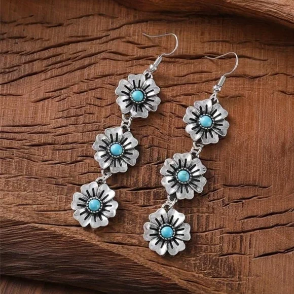 Silver Turquoise Floral Drop Dangle Earrings - Picture 3 of 4